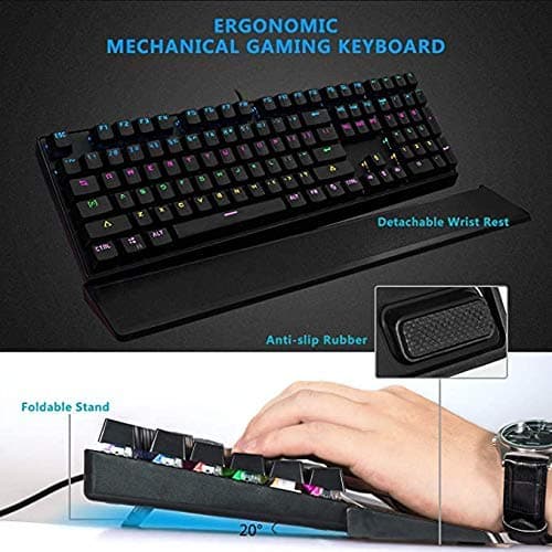 CHONCHOW Led Mechanical Gaming Keyboard Wired Backlit Keyboard Blue Switch Detachable Wrist Rest USB Gaming Keyboard Compatible with PC Mac Windows PS4（Black） image