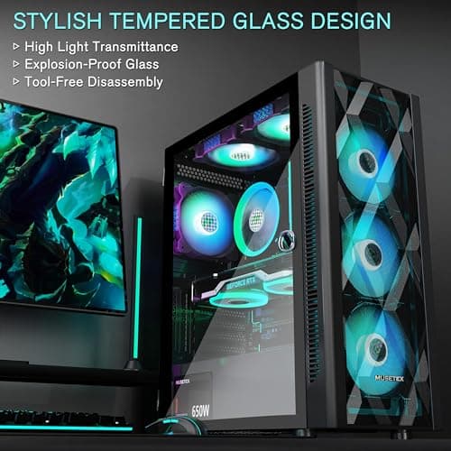 MUSETEX NN8 ATX Mid Tower Black with Tempered Glass Side Panel and USB 3.2 Gen 2 Type-C USB 3.2 Gen 1 Type-A image