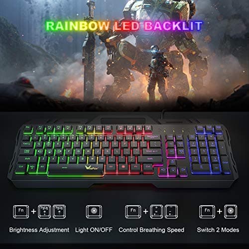 Gaming Keyboard, WisFox Colorful Rainbow LED Backlit Wired Computer Gaming Keyboard with 104 Keys, USB Wired Keyboard and Spill-Resistant for Windows PC Gamers Desktop PS4 image