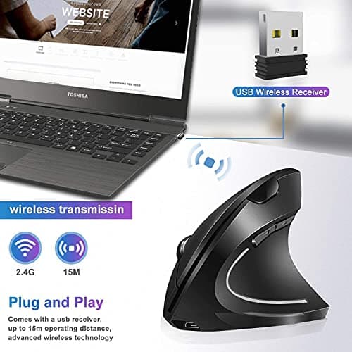 Vertical Wireless Mouse Rechargeable Ergonomic Mouse 2.4GHz Vertical Optical Mouse, Adjustable DPI 800/1200 /1600, 6 Buttons, Provides Better Performance for PC, Desktop, Laptop and MacBook, Black image