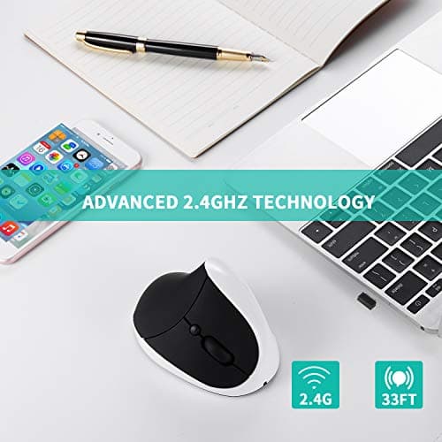 Vertical Mouse, AURTEC Rechargeable 2.4G Wireless Ergonomic Mice with USB Receiver, 6 Buttons and 3 Adjustable DPI 800/1200/1600, White image