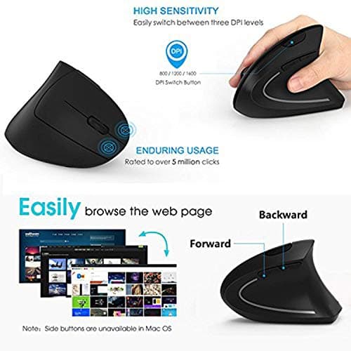 Ergonomic Mouse Vertical Wireless Mouse - aooa Rechargeable 2.4GHz Optical Vertical Mice 3 Adjustable DPI 800/1200/1600 Levels 6 Buttons, for Laptop, PC, Computer, Desktop, Notebook etc-Black (Black) image