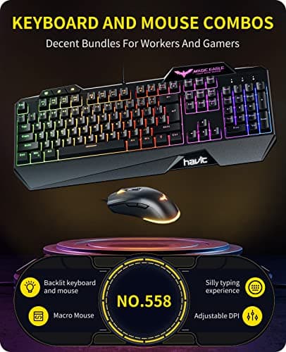 Havit Keyboard Rainbow Backlit Wired Gaming Keyboard Mouse Combo, LED 104 Keys USB Ergonomic Wrist Rest Keyboard, 3200DPI 6 Button Mouse for Windows PC Gamer Desktop, Computer (Black) image