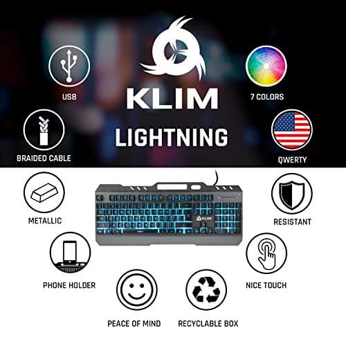 KLIM Lightning Gaming Keyboard + 7 LED Colors + Ergonomic Semi Mechanical Keyboard with Metal Frame + Compatible with PC Mac PS4 Xbox One + Wired Hybrid Keyboard + Teclado Gamer + New 2020 Version image