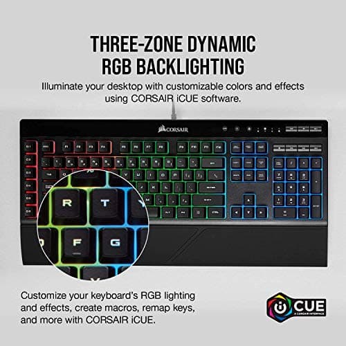 Corsair K55 RGB Gaming Keyboard - Quiet & Satisfying LED Backlit Keys - Media Controls - Wrist Rest Included - Onboard Macro Recording image