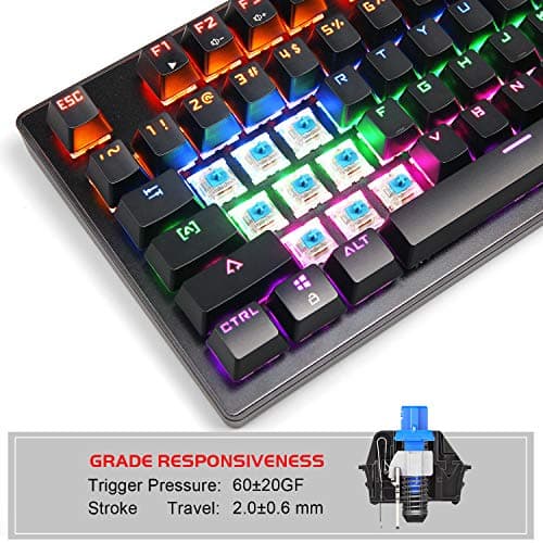 Mechanical Keyboard 87 Keys Small Compact Multicolour LED Backlit - MK1 Wired USB Gaming Keyboard with Blue Switches, 100% Anti-Ghosting, Metal Construction, Water Resistant for Windows PC Laptop Game image