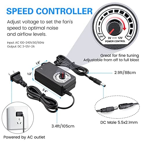 GDSTIME 120mm AC to DC 12V Powered Fan with Speed Controller, for Receiver Amplifier DVR Playstation Xbox Component Cooling image