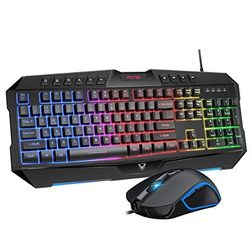 PICTEK Backlit Keyboard and Mouse Combo, LED Wired Gaming Keyboard, Ergonomic Keyboard, Wrist Rest Keyboard with Efficient Multimedia Keys, Programmable Gaming Mouse for Mac, PC, Sega Game Gear Games image