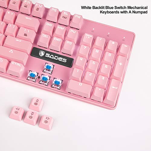 SUPSOO Mechanical Keyboard, USB Wired & Metal Panel, Compact 104 Key Computer Keyboard with Blue Switch and 12 Multimedia Keys for Windows PC Office Gamers, Pink White LED Backlit image