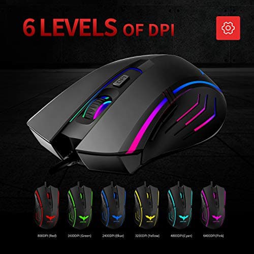 Havit Gaming Mouse RGB Wired,6 Adjustable DPI(800-1600-2400-3200-4800-6400) USB Ergonomic Computer Mice with 6 Buttons for Laptop PC Gaming (RGB) image