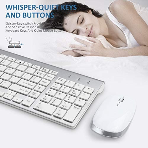 Wireless Keyboard and Mouse, FENIFOX USB Full Size Quiet Compact Compatible with iMac Mac PC Laptop Tablet Computer Windows (Silver White) image