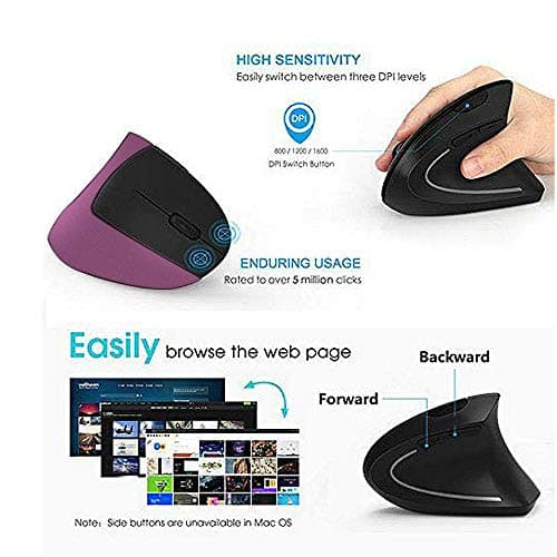 Wireless Ergonomic Mouse,Funwaretech 【Rechargeable】 2.4G Vertical Optical Mice,800/1200 /1600 DPI with 6 Buttons for Laptop,Desktop,PC, MacBook - Purple image