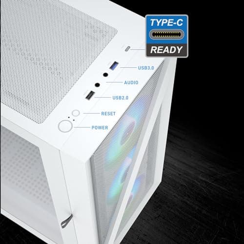 Vetroo M05 Micro ATX Mid Tower White Tempered Glass Side Panel and USB 3.2 Gen 1 Type-C, USB 3.2 Gen 1 Type-A, USB 2.0 Type-A image