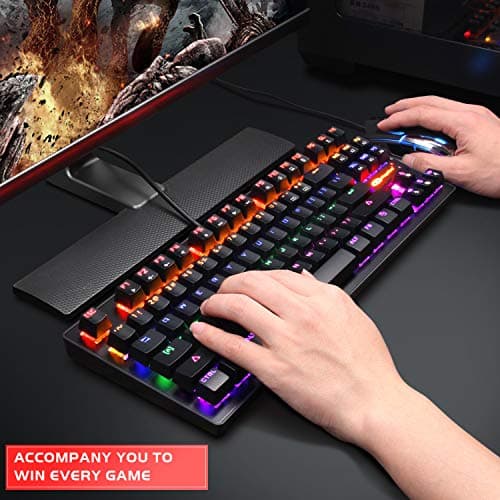 Mechanical Keyboard 87 Keys Small Compact Multicolour LED Backlit - MK1 Wired USB Gaming Keyboard with Blue Switches, 100% Anti-Ghosting, Metal Construction, Water Resistant for Windows PC Laptop Game image