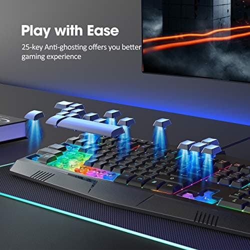 PICTEK RGB Gaming Keyboard USB Wired Keyboard, Crater Architecture Backlit Computer Keyboard with 8 Independent Multimedia Keys, 25 Keys Anti-ghosting, Splash-Proof, Ideal for PC/Mac Game, Black image