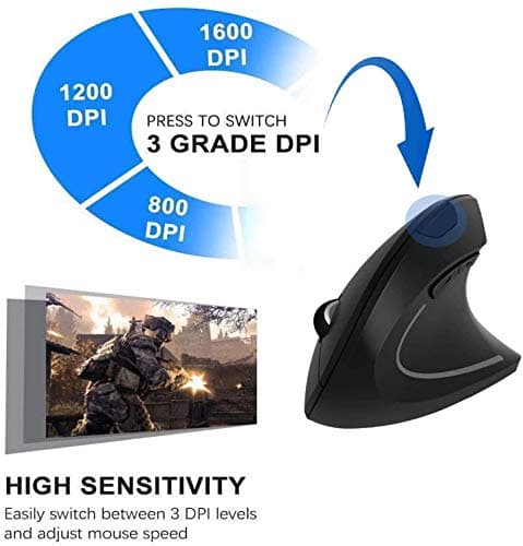 Ergonomic Wireless Mouse,Vertical Gaming Mouse -Ergonomic Design - Prevention of Mouse arm -Tennis Elbow (RSI Syndrome),3 Adjustable DPI 3200/1600/1200 Levels for Laptop, PC, MacBook, Notebook etc. image