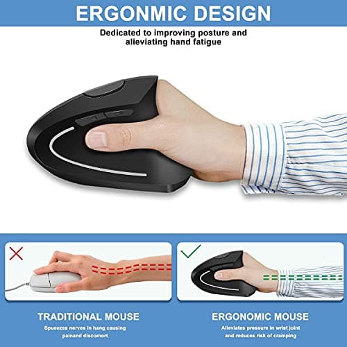 Vertical Wireless Mouse Rechargeable Ergonomic Mouse 2.4GHz Vertical Optical Mouse, Adjustable DPI 800/1200 /1600, 6 Buttons, Provides Better Performance for PC, Desktop, Laptop and MacBook, Black image