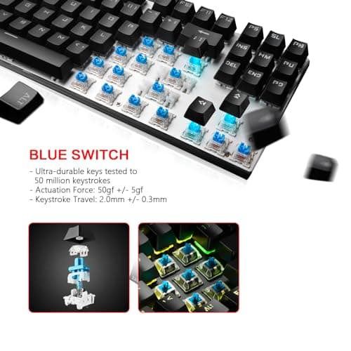 ONE-UP G300 LED Rainbow Backlit Mechanical Gaming Keyboard Small Metal Mechanical Gamers Keyboard 87 Key Computer USB Gaming Keyboard with Blue Switches for PC Gaming (Black) image