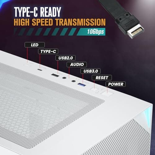 Vetroo AL800 ATX Mid Tower White with Tempered Glass Side Panel and USB 3.2 Gen 2 Type-C, USB 3.2 Gen 1 Type-A, USB 2.0 Type-A Front Panel image