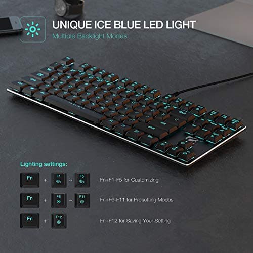 Mechanical Keyboard HAVIT Backlit Wired Gaming Keyboard Extra-Thin & Light, Kailh Latest Low Profile Blue Switches, 87 Keys N-Key Rollover (Black) image