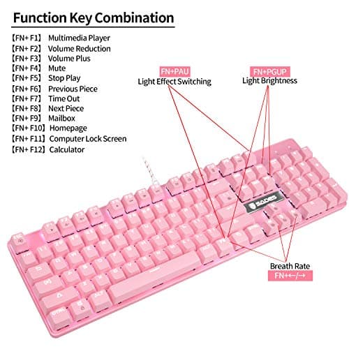 SUPSOO Mechanical Keyboard, USB Wired & Metal Panel, Compact 104 Key Computer Keyboard with Blue Switch and 12 Multimedia Keys for Windows PC Office Gamers, Pink White LED Backlit image