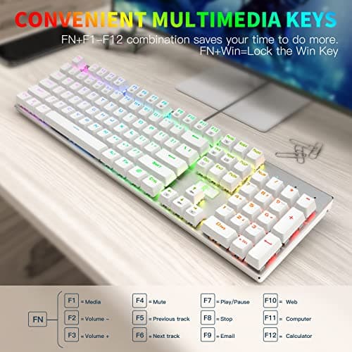 E-Element Z-88 RGB Mechanical Gaming Keyboard, Programmable RGB Backlit, Blue Switch -Tactile & Clicky, Water Resistant, 104 Keys Anti-Ghosting for Mac PC, Silver+White image