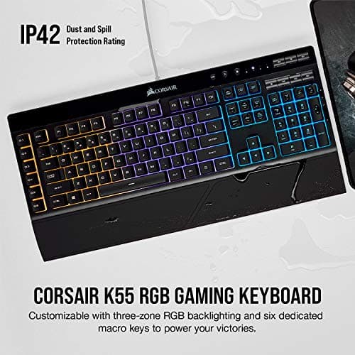 Corsair K55 RGB Gaming Keyboard - Quiet & Satisfying LED Backlit Keys - Media Controls - Wrist Rest Included - Onboard Macro Recording image