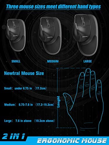 Newtral Small Size (Small,Medium,Large Available) Semi-Vertical Wireless Ergonomic Mouse,All Buttons Programmable, 800/1600/2400 DPI, Detachable Magnetic Palm Support (S) image