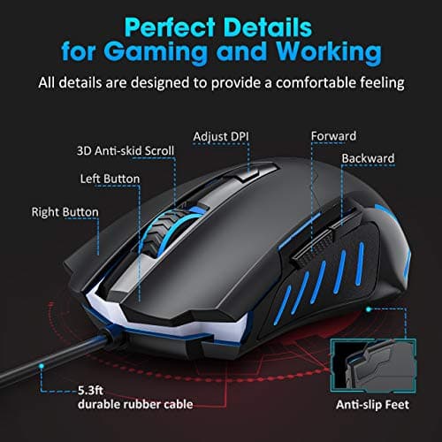 PICTEK Gaming Mouse, Entry-level Ergonomic Optical Computer Mouse for Game & Daily, 800-2400 DPI Adjustable USB Mouse Auto Breathing Wired Mouse for PC Desktop Windows 7/8/10/XP, Vista and Mac, Black image
