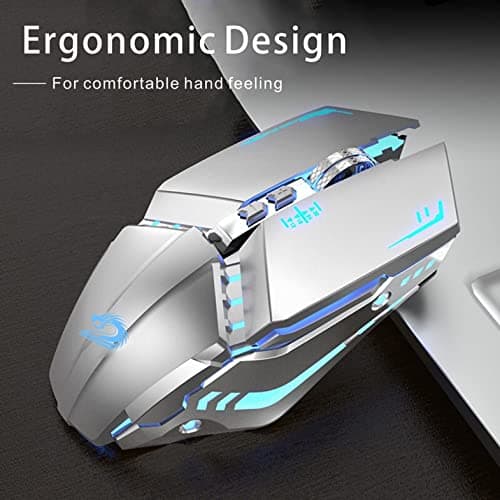 TENMOS T12 Wireless Gaming Mouse Rechargeable, 2.4G Silent Optical Wireless Computer Mice with Changeable LED Light Compatible with Laptop PC, 7 Buttons, 3 Adjustable DPI (Silver) image