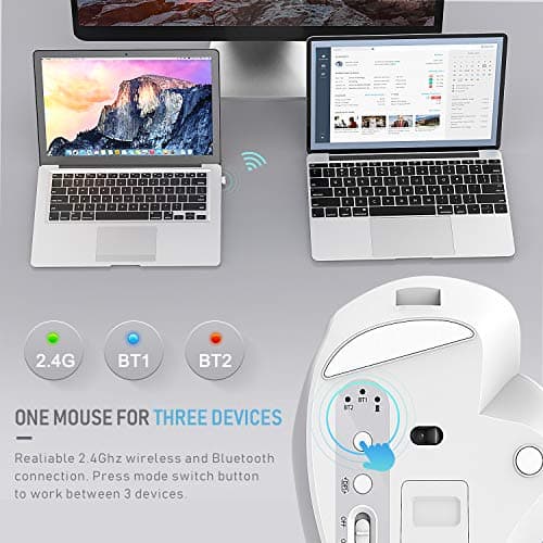 Bluetooth Mouse, Jelly Comb Rechargeable 2.4GHz Bluetooth Ergonomic Wireless Mouse (BT4.0+BT4.0+2.4G) Switch to 3 Devices for Mac OS MacBook Air Windows PC Android Tablet-(White and Silver) image