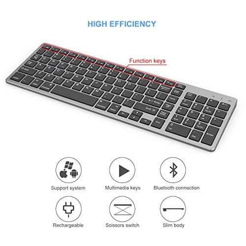 Bluetooth Keyboard, Jelly Comb Rechargeable Slim BT Wireless Keyboard with Number Pad Full Size Design for Laptop Desktop PC Tablet, Windows iOS Android-Gray image