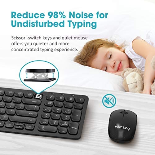 VicTsing [Whisper Quiet & Scissor-Switch] Wireless Keyboard and Mouse Combo, 2.4G Ultra Slim Keyboard and Silent Mouse Set with Number Pad, Nano USB Receiver, for PC Computer Laptop Mac Windows,Black image