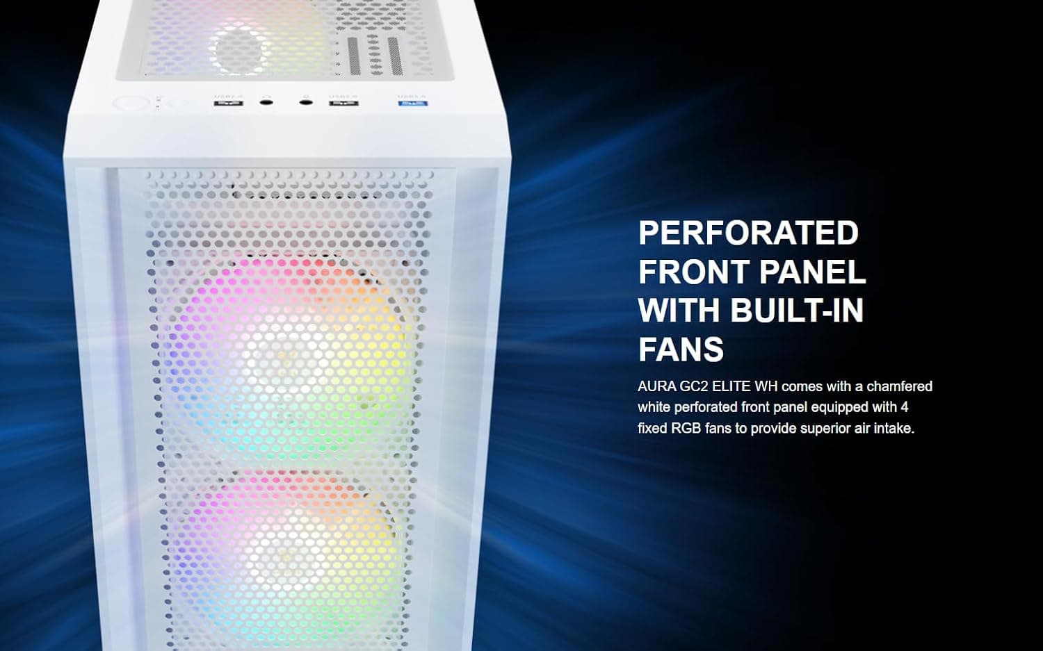 GAMDIAS AURA GC2 ELITE ATX Mid Tower White Tempered Glass Front Panel USB 3.2 Gen 1 Type-A USB 2.0 Type-A image