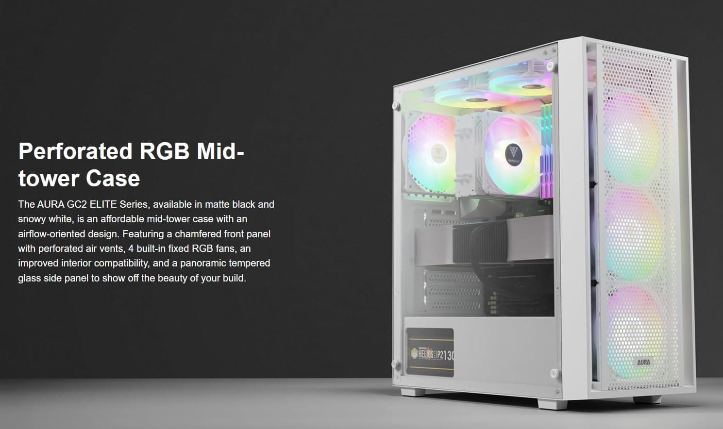 GAMDIAS AURA GC2 ELITE ATX Mid Tower White Tempered Glass Front Panel USB 3.2 Gen 1 Type-A USB 2.0 Type-A image