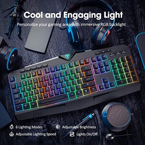 PICTEK RGB Gaming Keyboard USB Wired Keyboard, Crater Architecture Backlit Computer Keyboard with 8 Independent Multimedia Keys, 25 Keys Anti-ghosting, Splash-Proof, Ideal for PC/Mac Game, Black image