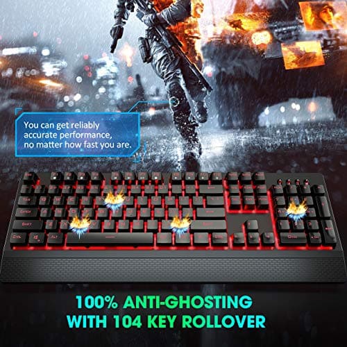 VicTsing Gaming Keyboard Wired, Red LED Backlit Mechanical Keyboard with Red Switch, 100% Anti-ghosting, Waterproof, Quiet Computer Keyboard with Detachable Ergonomic Wrist for Mac, PC Gamer image