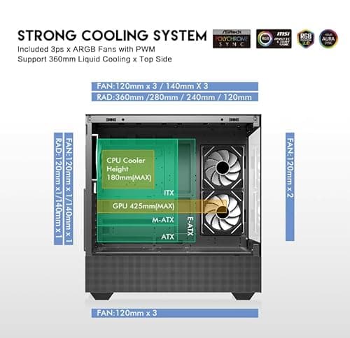 DIYPC ARGB-N5-BK ATX Mid Tower Black with Tempered Glass Side Panel and USB 3.2 Gen 2 Type-C USB 3.2 Gen 1 Type-A image