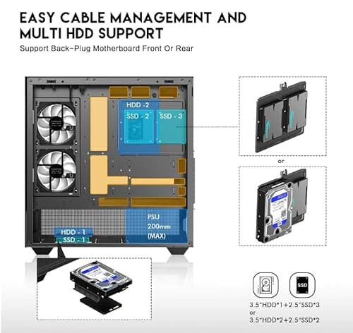 DIYPC ARGB-N5-BK ATX Mid Tower Black with Tempered Glass Side Panel and USB 3.2 Gen 2 Type-C USB 3.2 Gen 1 Type-A image