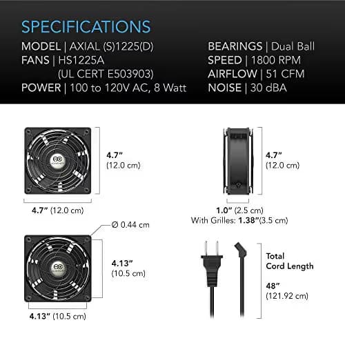 AC Infinity AXIAL 1225, Quiet Muffin Fan, 115V 120V AC 120mm x 25mm Low Speed, for DIY Cooling Ventilation Exhaust Projects image