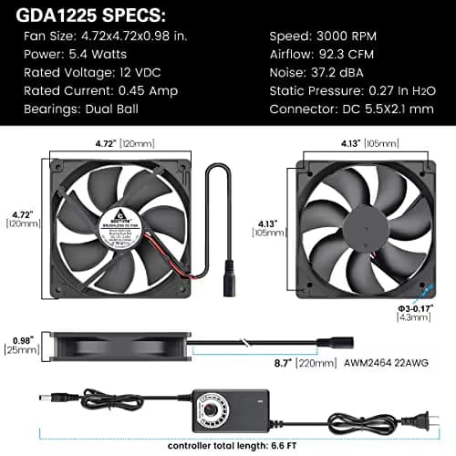 GDSTIME 120mm AC to DC 12V Powered Fan with Speed Controller, for Receiver Amplifier DVR Playstation Xbox Component Cooling image