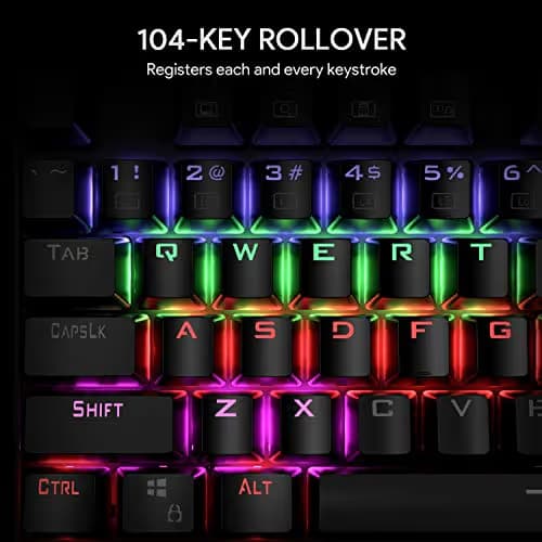 AUKEY Mechanical Keyboard LED Backlit Gaming Keyboard with Blue Switches, 104 Keys 100% Anti-ghosting with Metal Top Panel and Water-Resistant Design for PC and Laptop Gamers, Black image