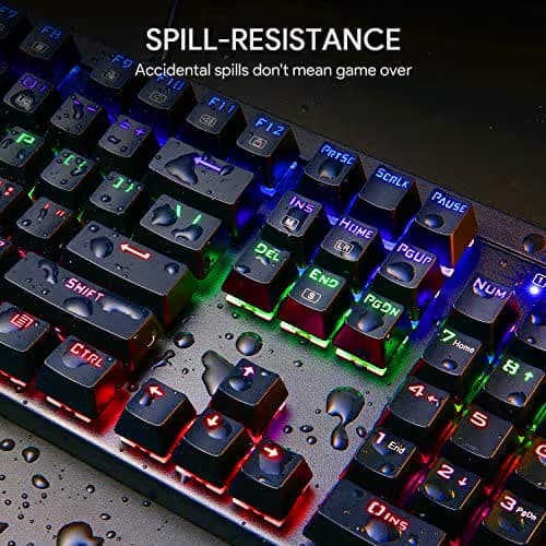 AUKEY Mechanical Keyboard LED Backlit Gaming Keyboard with Blue Switches, 104 Keys 100% Anti-ghosting with Metal Top Panel and Water-Resistant Design for PC and Laptop Gamers, Black image