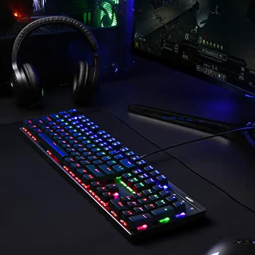 AUKEY Mechanical Keyboard LED Backlit Gaming Keyboard with Blue Switches, 104 Keys 100% Anti-ghosting with Metal Top Panel and Water-Resistant Design for PC and Laptop Gamers, Black image