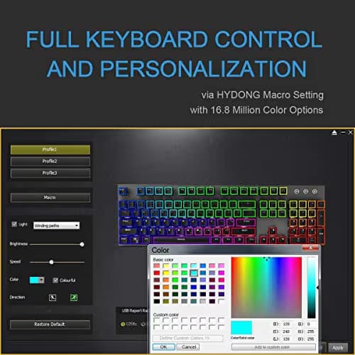 HYDONG RGB LED Backlit Mechanical Gaming Keyboard with Black Switch, 104 Anti-ghosting Standard Keys, Support Macro Setting, Aluminum Base, Non-Slip Spill-Resistant, USB Wired for PC, Laptop, Computer image