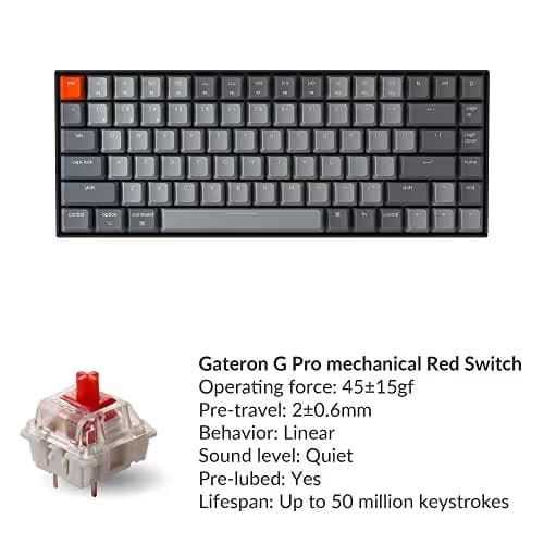 Keychron K2 Bluetooth Mechanical Keyboard with Gateron Red Switch/White LED Backlit/USB C/Anti Ghosting/N-Key Rollover/Compact Design, 84 Key Wireless Keyboard for Mac Windows image