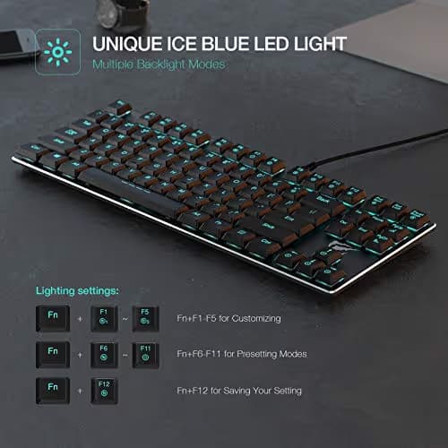 Mechanical Keyboard HAVIT Backlit Wired Gaming Keyboard Extra-Thin & Light, Kailh Latest Low Profile Blue Switches, 87 Keys N-Key Rollover (Black) image