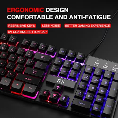 Rii RK100+ Multiple Color Rainbow LED Backlit Large Size usb Wired Mechanical Feeling Multimedia Gaming Keyboard For Working or Gaming,Office Device image