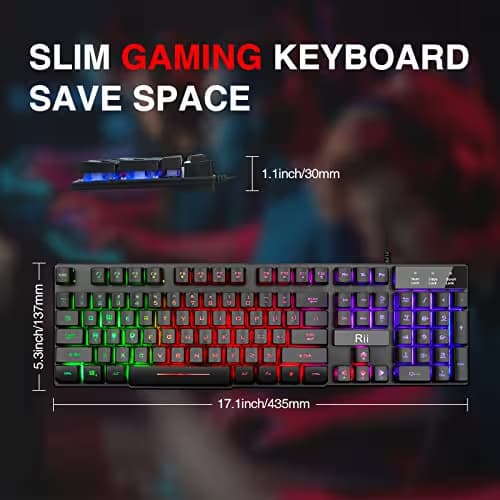 Rii RK100+ Multiple Color Rainbow LED Backlit Large Size usb Wired Mechanical Feeling Multimedia Gaming Keyboard For Working or Gaming,Office Device image