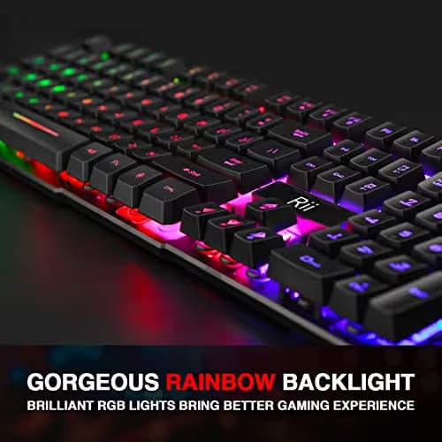 Rii RK100+ Multiple Color Rainbow LED Backlit Large Size usb Wired Mechanical Feeling Multimedia Gaming Keyboard For Working or Gaming,Office Device image